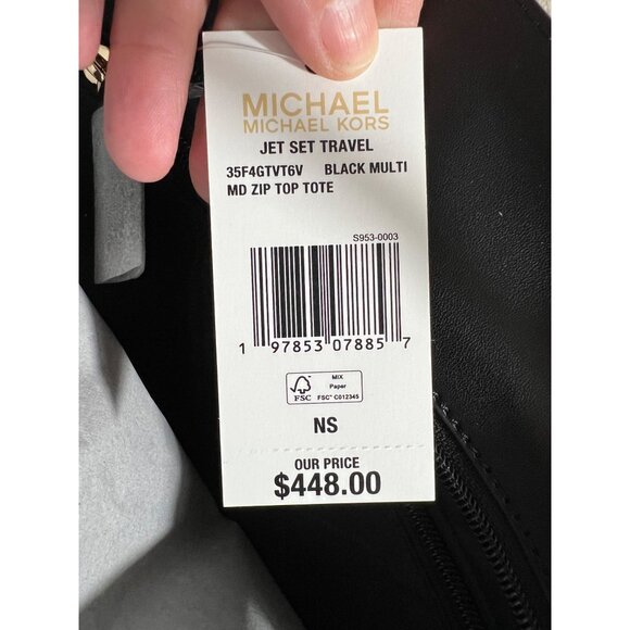 Michael Kors Jet Set Travel Large Tote Bag In Beige & Black Canvas - Picture 7 of 13